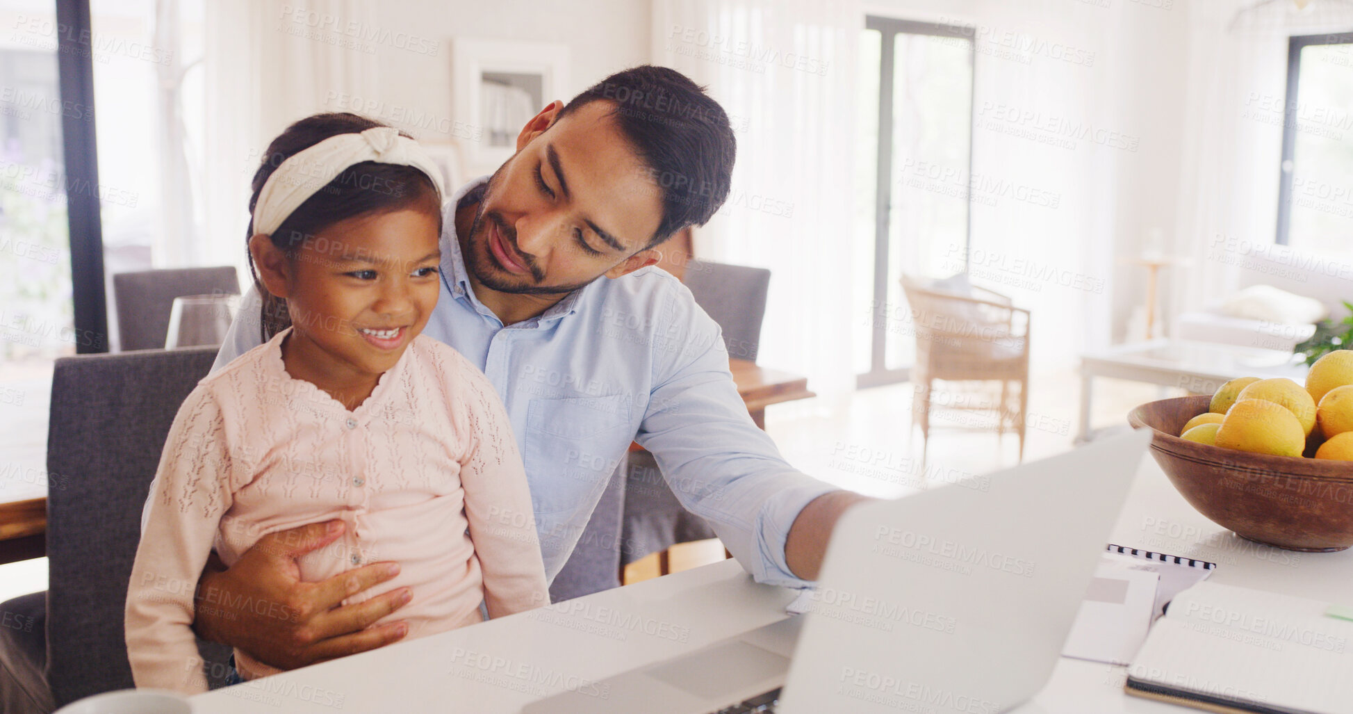 Buy stock photo Laptop, remote work and father with kid in kitchen for multitask with creative project deadline. Computer, freelancer and dad with girl child for typing with email or contact for publishing in home.
