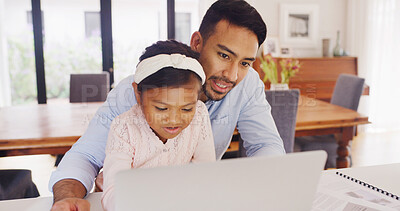 Buy stock photo Computer, remote work and father with child in kitchen for multitask with creative project deadline. Laptop, reading and dad with girl kid for email or contact for freelance publishing in home.
