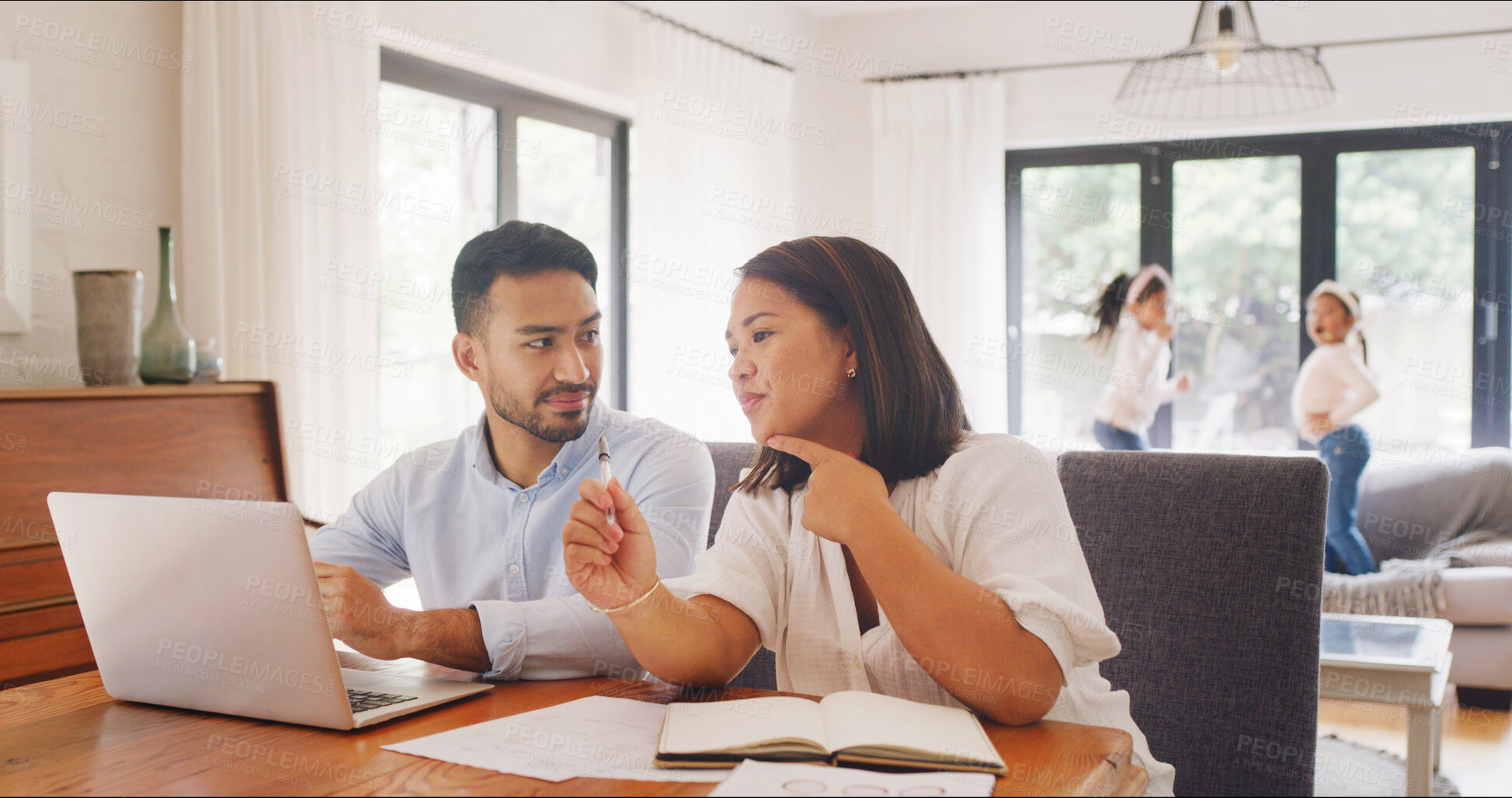 Buy stock photo Home, laptop and couple with documents for finance report, budget planning and mortgage. Marriage, family expenses and man with woman on computer for online banking, financial review and taxes