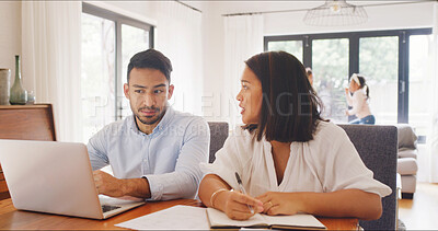 Buy stock photo Home, laptop and couple with notebook for finance report, budget planning and mortgage payment. Marriage, paperwork and man with woman on computer for family expenses, financial review and savings