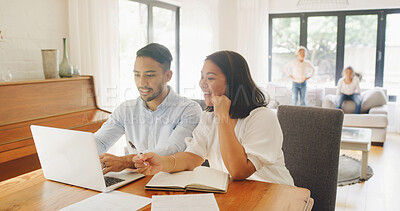 Buy stock photo Home, laptop and couple with paperwork for financial review, budget planning and mortgage payment. Happy, documents and man with woman on computer for family expenses, finance report and savings