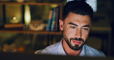 Buy stock photo Online, reading and business man at night for financial proposal, investment research and planning. Corporate, working late and person on computer for finance report, budget review and audit deadline