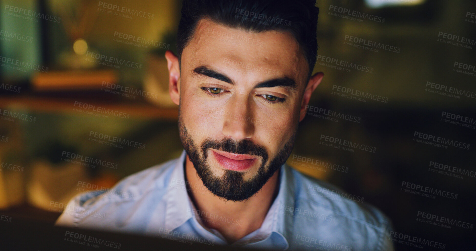 Buy stock photo Computer, man and reading in office at night for article review, proofreading and fact checking. Editor, employee and tech at publishing agency for editing deadline, quality control and publication