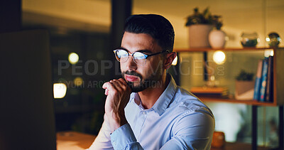 Buy stock photo Computer, man and thinking in office at night for article review, proofreading and fact checking. Editor, employee and technology at publishing agency for editing deadline, approval decision or bokeh