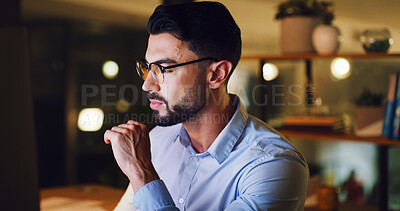 Buy stock photo Computer, man and reading at desk at night for blog review, proofreading story and fact checking. Bokeh, editor and tech at media agency for editing deadline, source verification and news publication