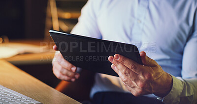 Buy stock photo Businessman, hands and research with tablet in night for schedule or planning in office. Closeup, man or employee working late with technology for online design, project or deadline in workplace