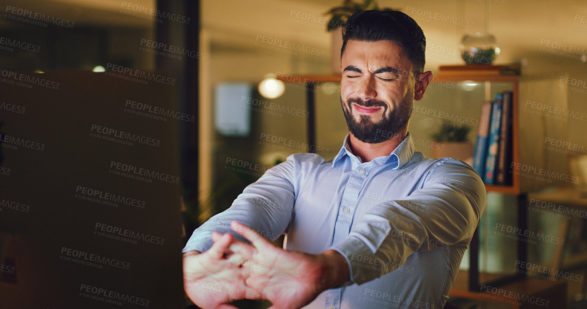 Buy stock photo Tired, businessman and night with stretching for project deadline, completion or done in office. Exhausted, man or employee working late with break or rest in evening for finished tasks in workplace