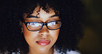 Online, glasses and business woman at night for financial proposal, investment research and reading. Corporate, working late and person with reflection for finance report, budget review and deadline