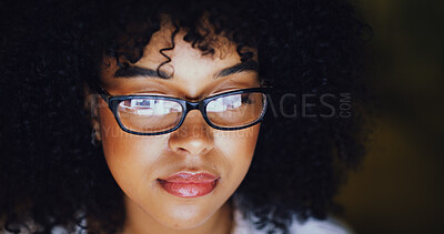 Buy stock photo Online, glasses and business woman at night for financial proposal, investment research and reading. Corporate, working late and person with reflection for finance report, budget review and deadline