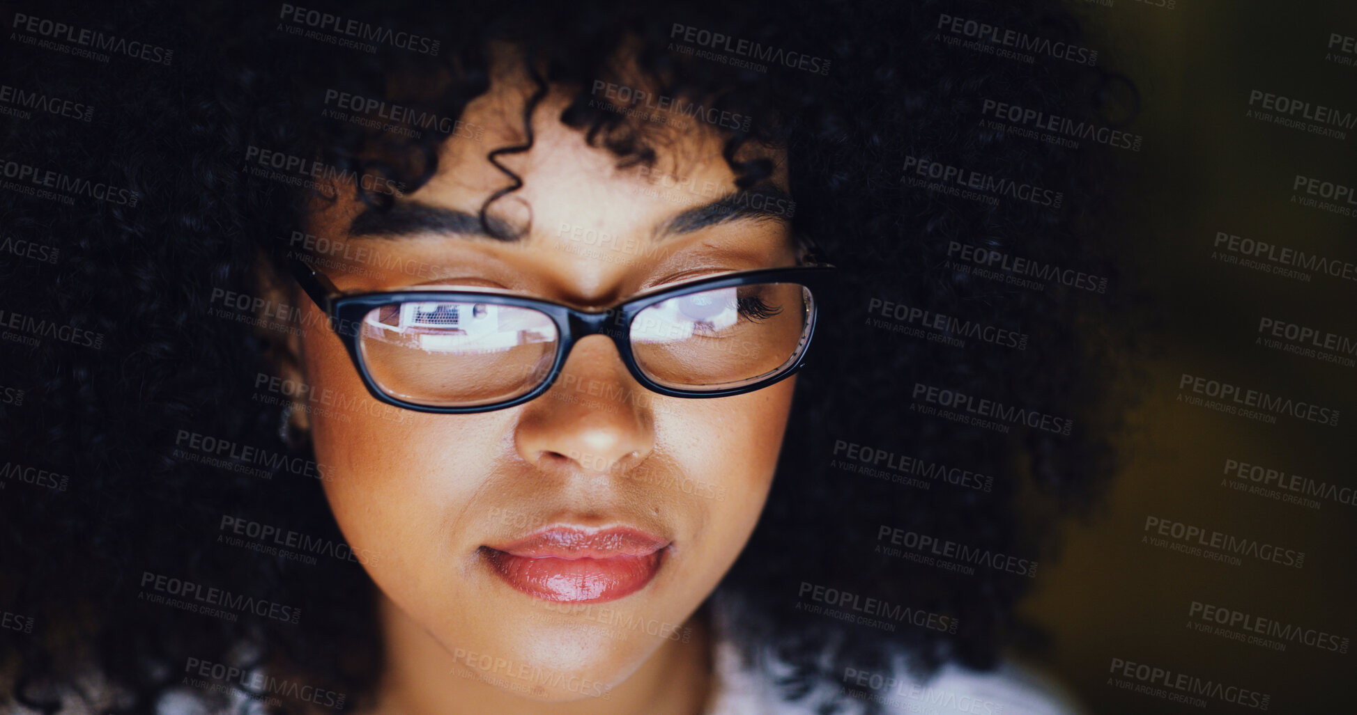 Buy stock photo Online, glasses and business woman at night for financial proposal, investment research and reading. Corporate, working late and person with reflection for finance report, budget review and deadline