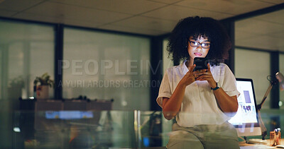 Buy stock photo Woman, phone and night at startup, contact or glasses with deadline for social media marketing. Person, smartphone and review with app, scroll or check notification with overtime at digital agency