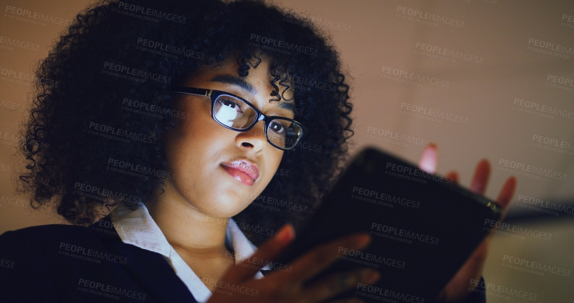 Buy stock photo Tablet, reading and businesswoman in office at night with email for investment proposal. Digital technology, communication and female financial manager with finance report for budget from below.