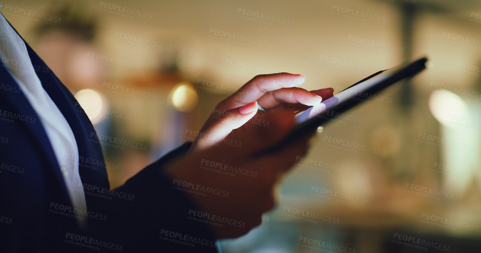 Buy stock photo Tablet, hands and businesswoman in office at night with email for investment proposal. Digital technology, communication and female financial manager with finance report for budget in workplace.