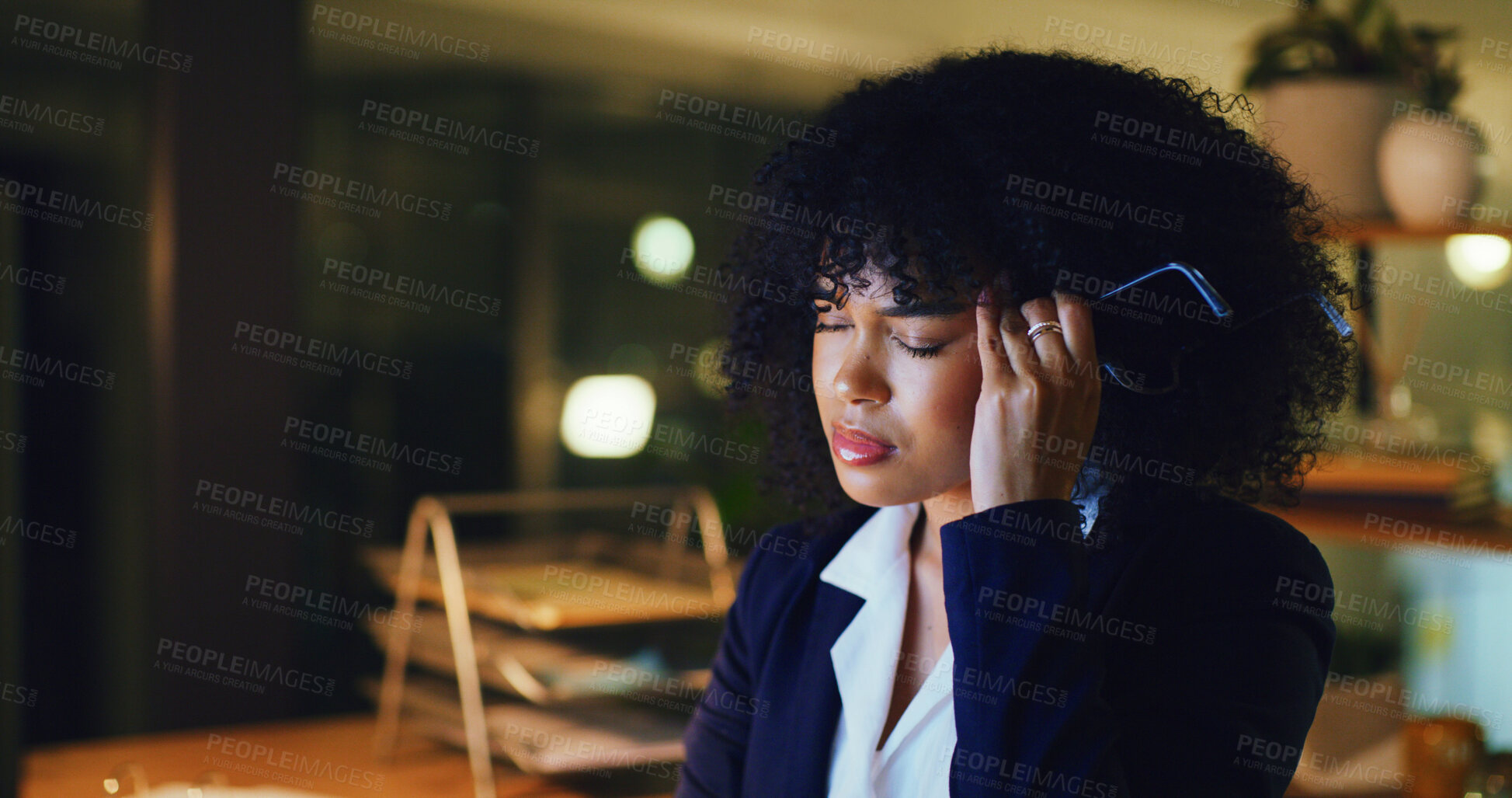 Buy stock photo Frustrated woman, night and headache with eye strain in office for stress, burnout or overworked. Tired, female person or employee working late with migraine for fatigue or mental health in workplace
