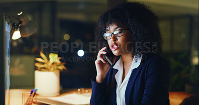 Buy stock photo Woman, phone call and frustrated at night, office and talk with legal negotiation at corporate law firm. Person, attorney and stress with smartphone, discussion or glasses for overtime at agency
