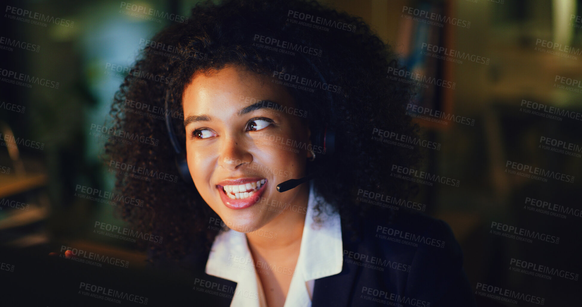 Buy stock photo Happy woman, headset and talk at night, call center or solution with contact at insurance company. Person, broker or consultant with voip mic, smile or overtime with insight at risk management agency