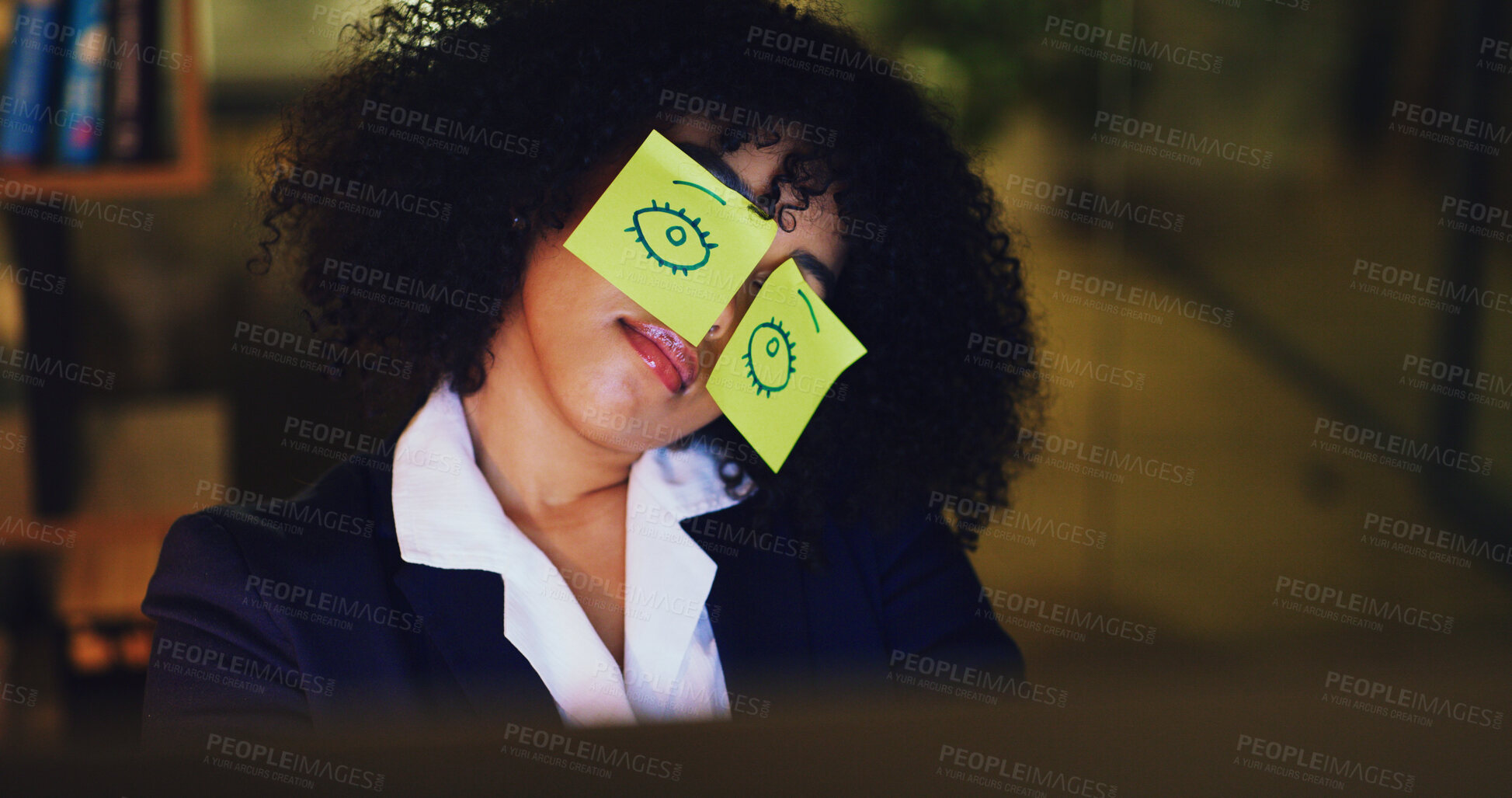 Buy stock photo Business woman, night and eyes with sticky notes for sleeping, snooze or late nap on job in office. Tired, female person or asleep with bored evening at workplace for fatigue, burnout or overworked