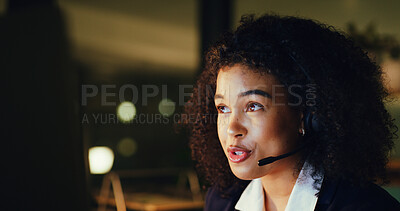Buy stock photo Woman, headset and computer at office, call center or night with contact at insurance company. Person, broker or consultant with voip mic, pc and overtime with perspective at risk management agency