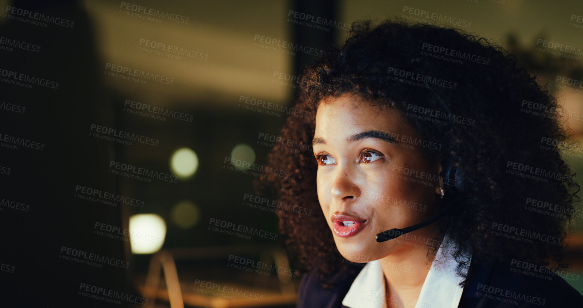 Buy stock photo Woman, headset and computer at office, call center or night with contact at insurance company. Person, broker or consultant with voip mic, pc and overtime with perspective at risk management agency