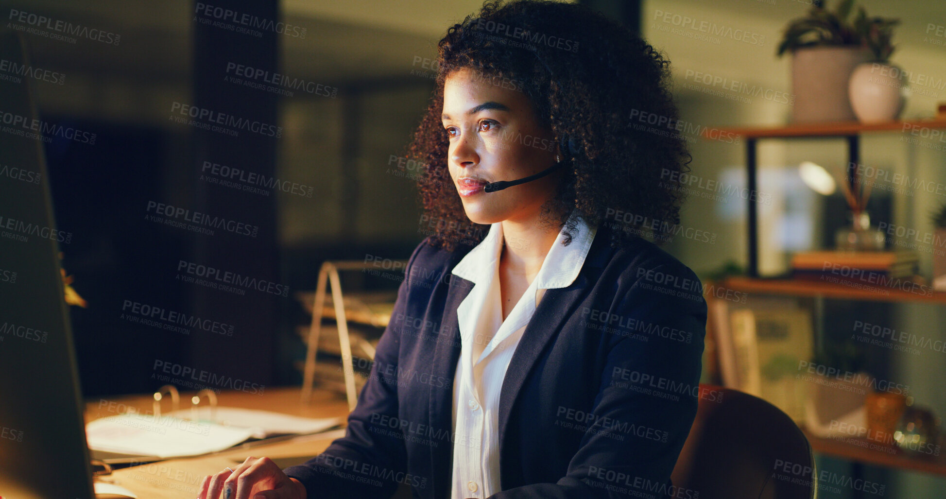Buy stock photo Woman, headset and computer at night, call center or typing with contact at insurance company. Person, broker or consultant with voip mic, pc and overtime with perspective at risk management agency