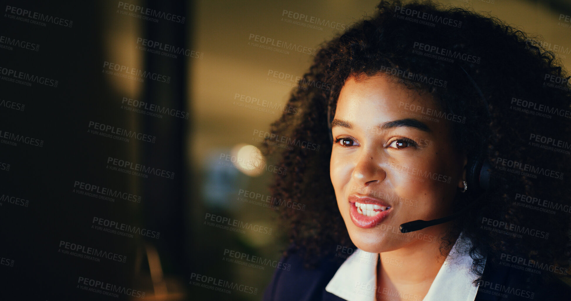 Buy stock photo Woman, headset and smile at office, call center or night with contact at insurance company. Person, broker or consultant with voip mic, happy and overtime with feedback at risk management agency