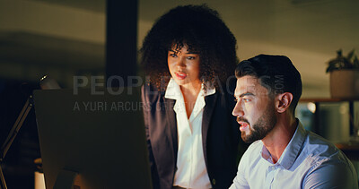 Buy stock photo Laptop, discussion and business people in office at night with planning finance report with budget. Meeting, deadline and team of financial advisors with computer for investment proposal in workplace