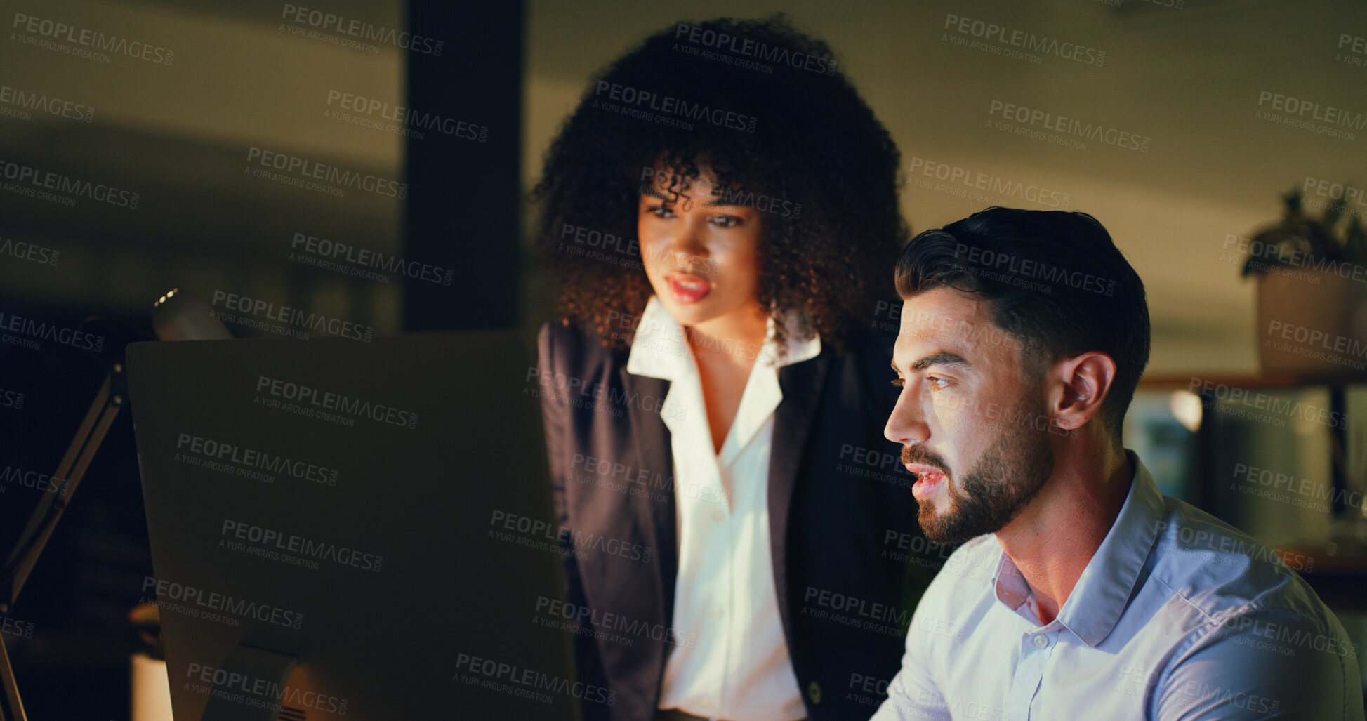 Buy stock photo Laptop, discussion and business people in office at night with planning finance report with budget. Meeting, deadline and team of financial advisors with computer for investment proposal in workplace