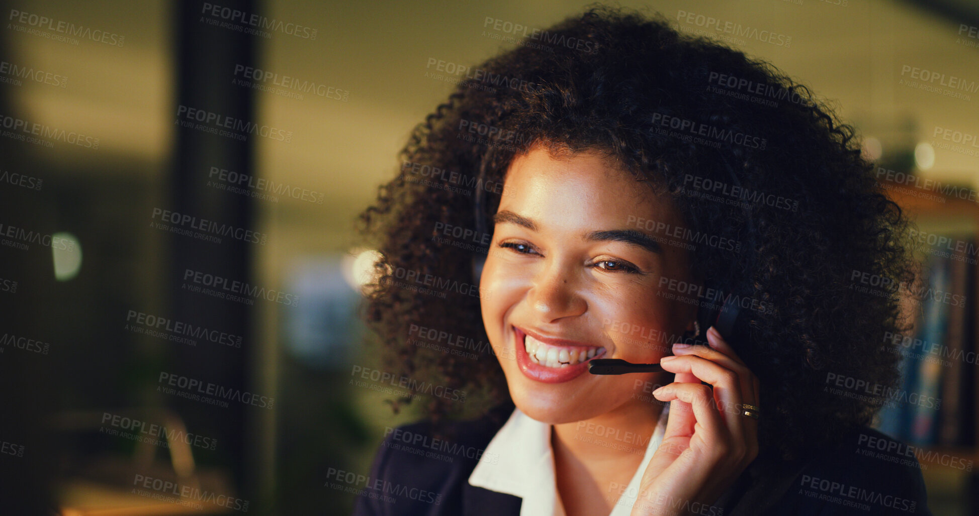 Buy stock photo Woman, headset and happy at office, call center or night with discussion at insurance company. Person, broker or consultant with voip mic, smile and overtime with feedback at risk management agency