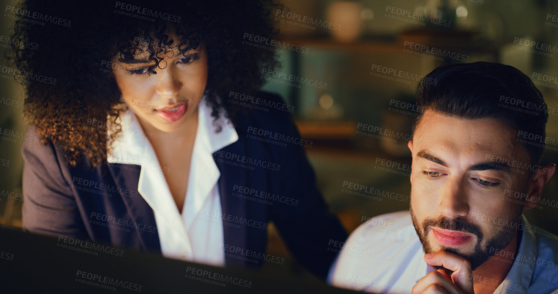 Buy stock photo Computer, discussion and business people in office at night with planning finance report with budget. Meeting, deadline and financial advisors with technology for investment proposal in workplace.