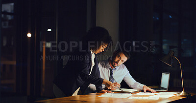 Buy stock photo Discussion, documents and business people in office at night with planning finance report with budget. Meeting, deadline and financial advisors with paperwork for investment proposal in workplace.