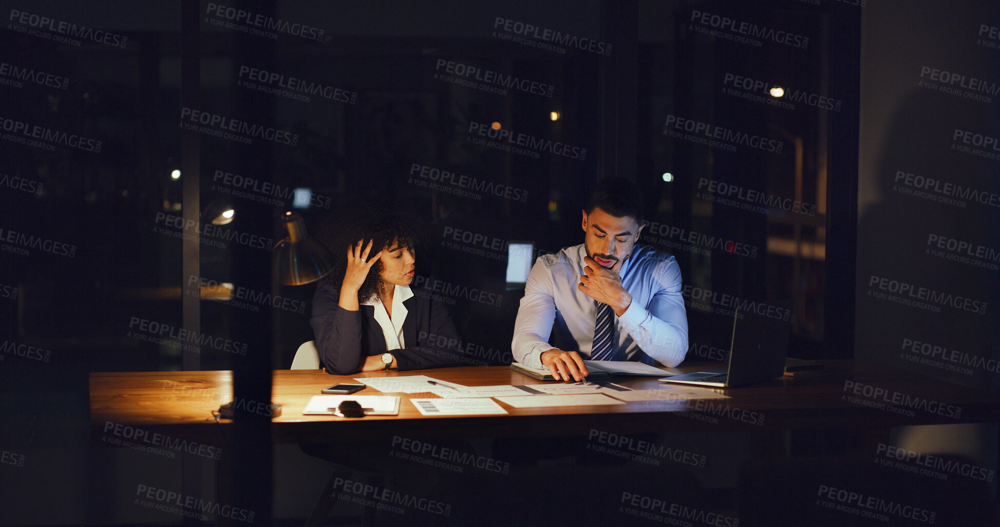 Buy stock photo Stress, documents and business people in office at night with planning finance report with budget. Mistake, deadline and team of financial advisors with paperwork for investment proposal in workplace