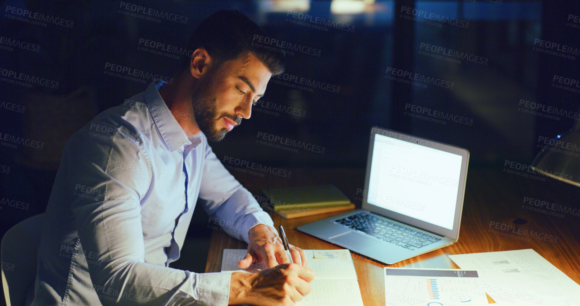 Buy stock photo Business man, writing and laptop screen at night for trading algorithms, economic trends and results. Overtime, trader and tech with mockup space in office for market analysis, growth charts or notes