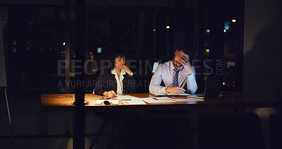 Buy stock photo Woman, man and stress at night in office with documents, team and mistake at investment company. People, review and frustrated with overtime, lost revenue or stock market crash at finance agency