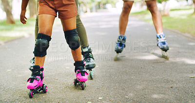 Buy stock photo Rollerskating, legs and family in nature on holiday, getaway or weekend trip with balance. Knee pads, safety and people with skates for hobby or adventure together outdoor in park on vacation.