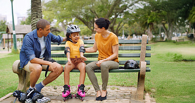 Buy stock photo Getting ready, rolkerskates and safety with family on park bench together for activity or hobby. People, protection or responsibility with mother, father and daughter outdoor in nature for bonding