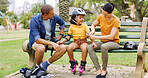 Parents, child or rollerblades at park with pads for safety gear, fun activity or bonding together. Mother, father and daughter outdoor with arm protection, helmet or getting ready for rollerblading.