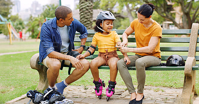 Buy stock photo Parents, child or rollerblades at park with pads for safety gear, fun activity or bonding together. Mother, father and daughter outdoor with arm protection, helmet or getting ready for rollerblading.