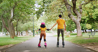Buy stock photo Roller skating, holding hands and back of mother with child in nature on holiday, getaway or weekend trip. Happy, safety and mom with kid in skates for hobby together outdoor in park on vacation.
