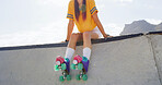 Woman, legs or urban park with roller skates for fitness, aerobic exercise or outdoor hobby. Female person, hipster or balance with wheels or boots for parkour sport on concrete legde in city or town