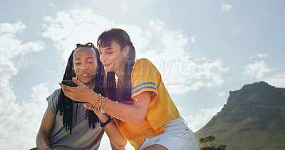 Buy stock photo People, friends and phone at park with smile, scroll and funny meme post on web in city. Gen z woman, man and smartphone with chat, relax or happy outdoor for video streaming on social media in town