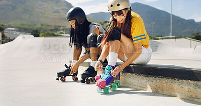 Buy stock photo Roller skating, people and tying laces at park, smile and preparing for sport with helmets or safety. Outdoor, skaters and friends with equipment for hobby, woman and getting ready with man in city