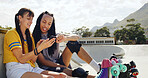 Friends outdoor, scroll and roller skate with phone for viral social media video, online post or website. People, bonding and browsing with tech at skatepark for internet search, connection and blog.