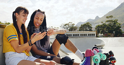 Buy stock photo Friends outdoor, scroll and roller skate with phone for viral social media video, online post or website. People, bonding and browsing with tech at skatepark for internet search, connection and blog.