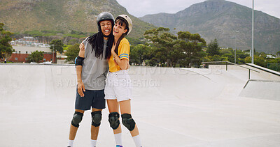 Buy stock photo Hug, smile and portrait of interracial couple at skate park for support, skating game and training. Rollerblade, fitness and bonding with man and woman outdoor for hobby, extreme sport and ramp