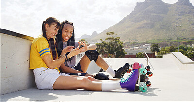 Buy stock photo Friends outdoor, smile and roller skate with phone for social media, funny skating fail video or joke. People, laugh and browsing with tech at skatepark for internet humor, online comedy and bonding.