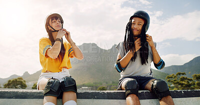 Buy stock photo Park, parents and child with helmet on bench for skating lesson, teaching safety and gear for protection. Family bonding, people and girl with elbow guard for outdoor, care and trust for learning