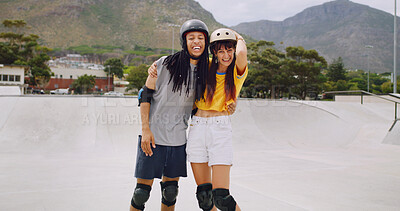 Buy stock photo Rollerskate, laugh and portrait of interracial couple at park for support, skating game and training. Rollerblade, fitness and bonding with man and woman outdoor for hobby, extreme sport and funny