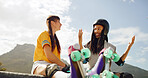 Skaters, talk and friends on break, outdoor or people with smile for hobby, discussion and low angle. Happy, woman and man with ideas for roller skating technique, conversation or safety with helmets