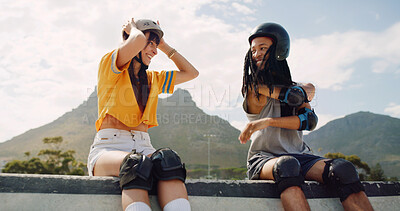 Buy stock photo Rollerskate, relax and ramp with interracial couple at park for support, skating game and training. Rollerblade, fitness and bonding with man and woman outdoor for hobby, extreme sport and smile