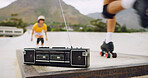Radio, roller skates and legs with person outdoor for sports, action and agile with retro music. Audio, skating shoes and people at skatepark with vintage technology, balance or practice with energy